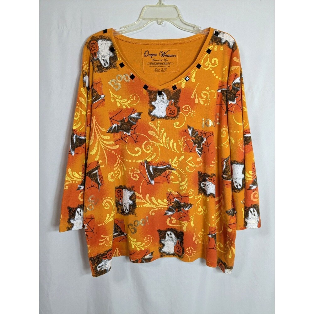 Onque Halloween Ghost Bats Witch Hat Beaded 3/4 Sleeves Top Women's Size 2X